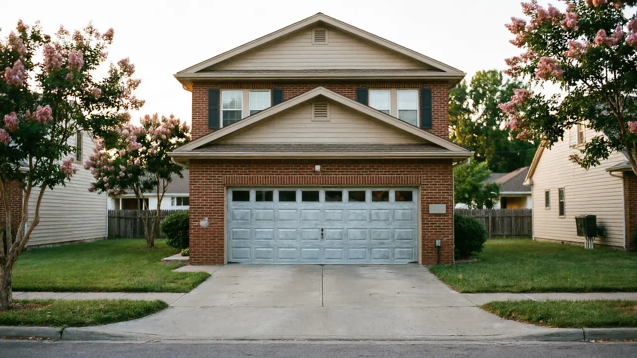 A two-story brick house has a gray garage door with windows.