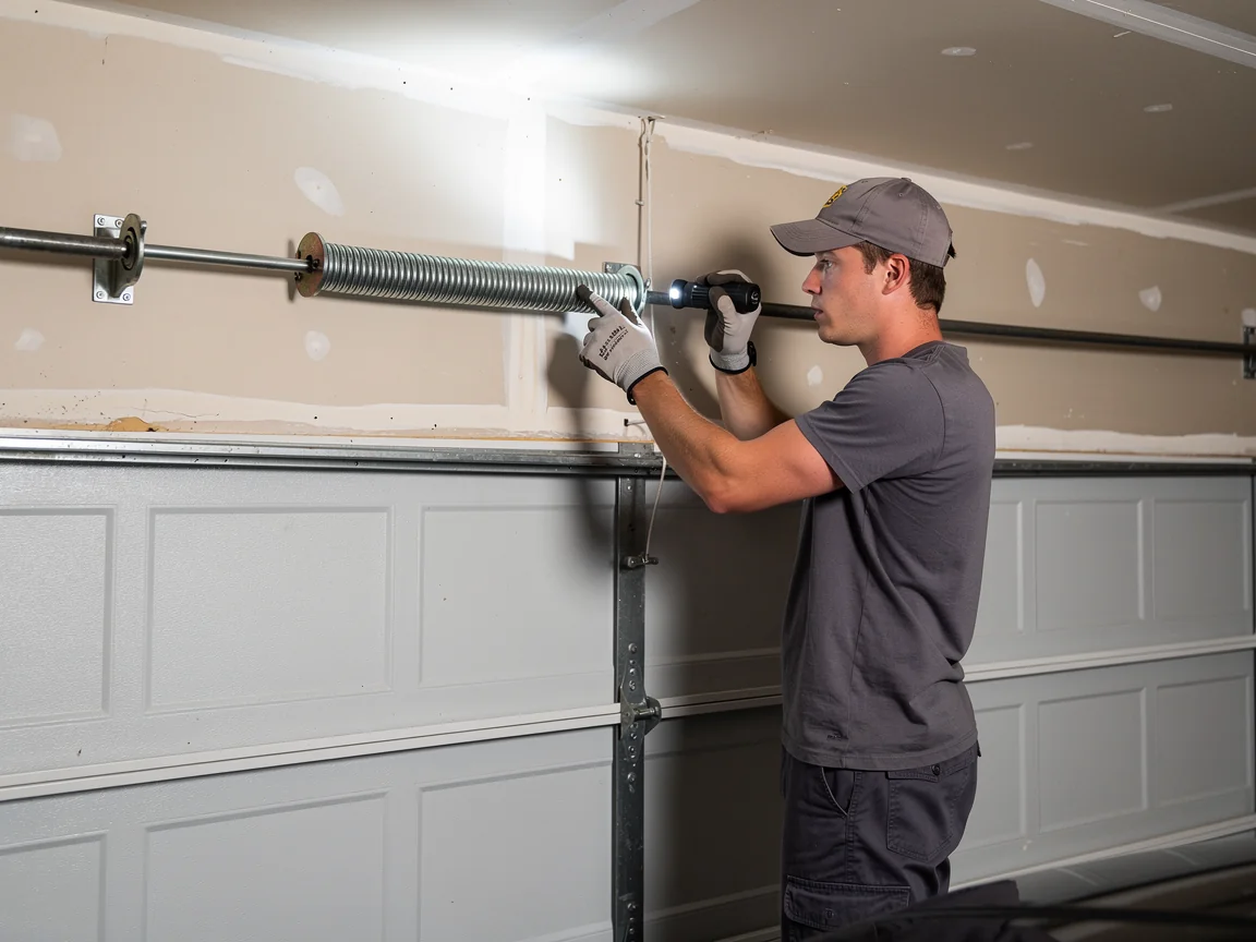 A technician inspects a garage door torsion spring with a flashlight.