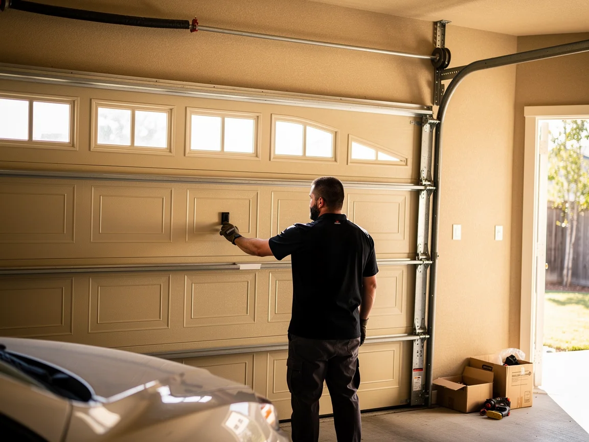 A technician in a black shirt is adjusting a tan garage door with windows.