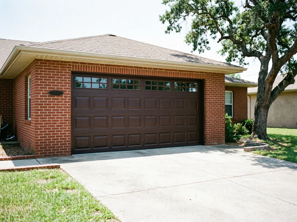 A brown garage door with windows on a brick house.