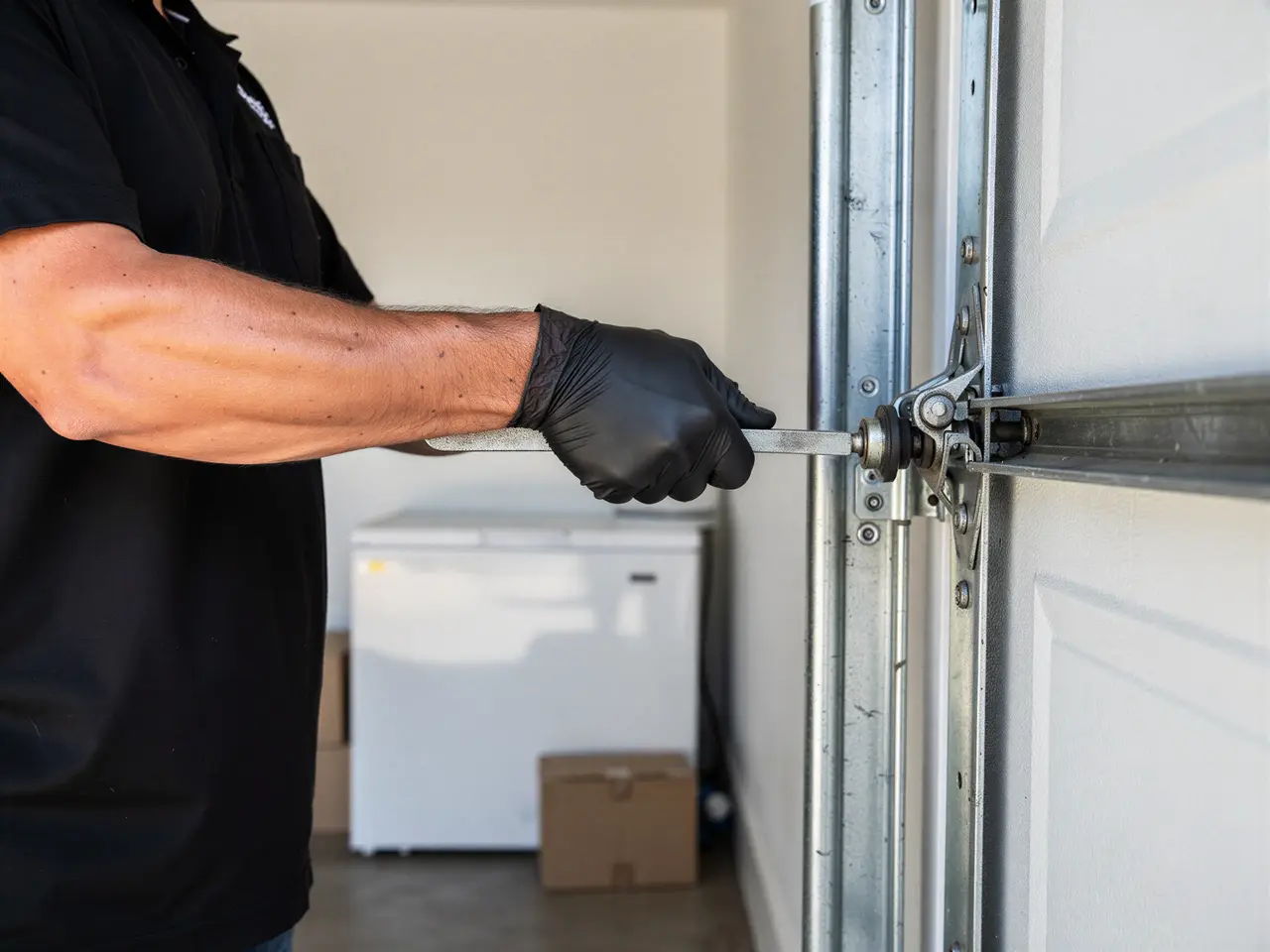 A technician in black gloves adjusts a garage door roller with a wrench.