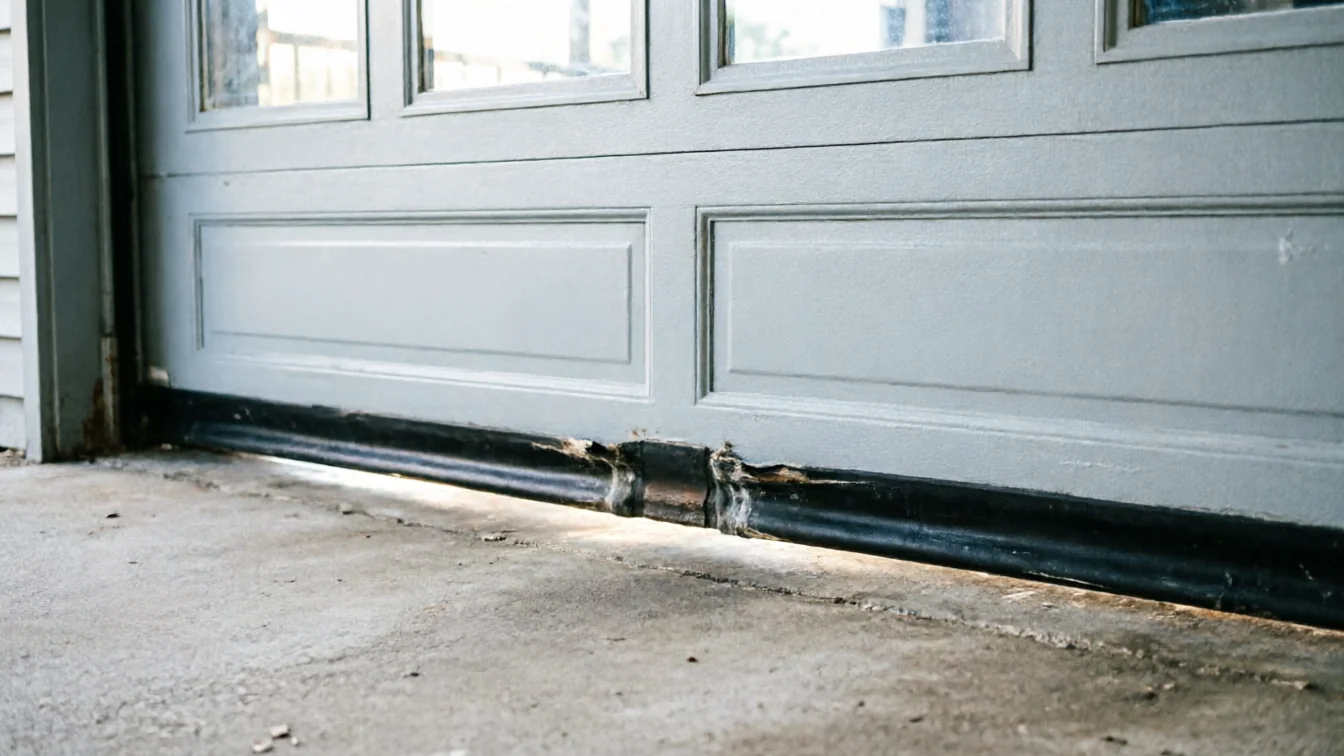 The bottom of a gray garage door has a damaged weather seal.